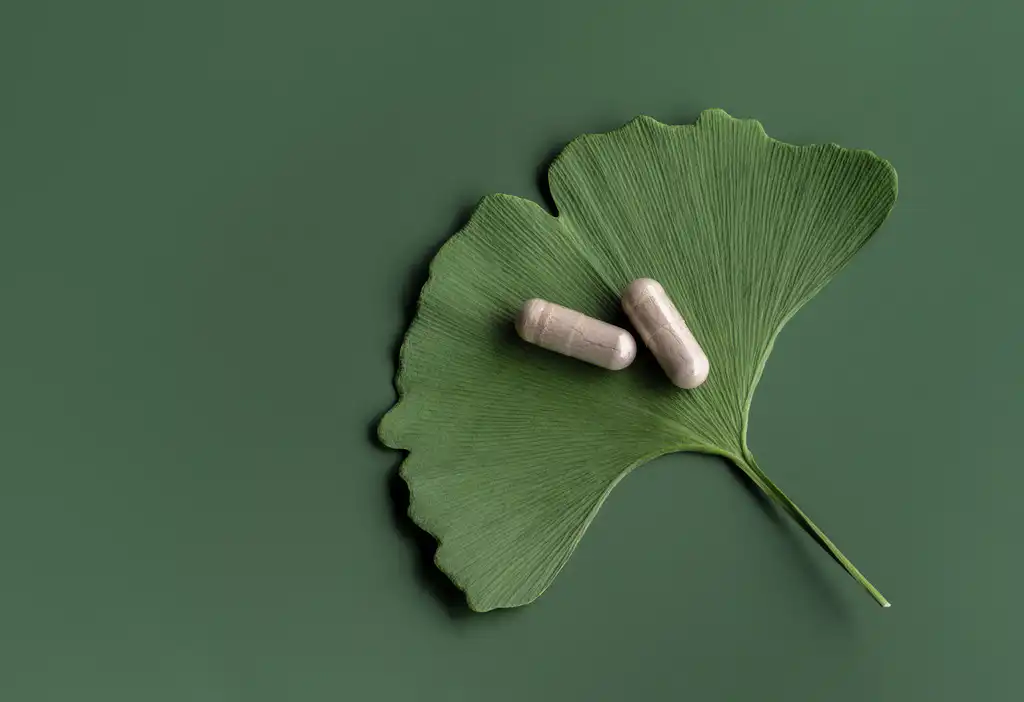 2 pill capsules on ginkgo biloba leaf
